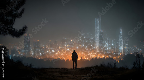 Fototapeta Naklejka Na Ścianę i Meble -  Silhouetted figure gazes at a city at night, network lines overlay