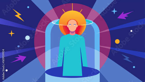 Energy Boost Session A patient standing in a specialized chamber designed for energy restoration surrounded by a colorful aura with visual effects illustrating the infusion of