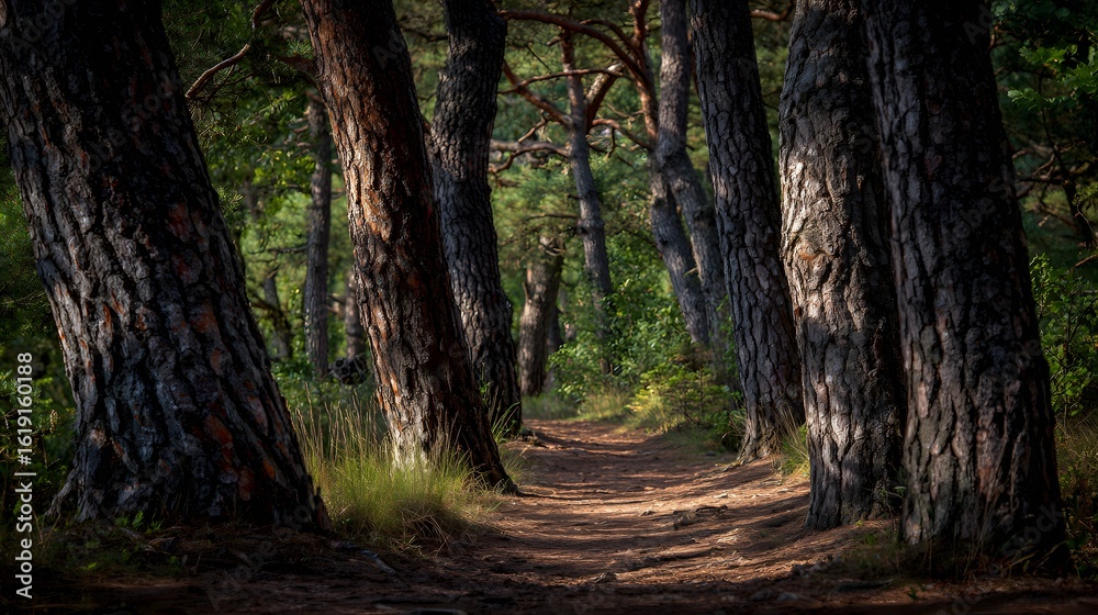 Fototapeta premium Sunlit path winding through a dense pine forest.