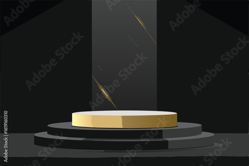 sleek black marble podium under dramatic spotlight.eps