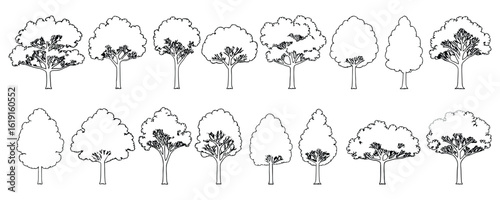 Vector art of tree drawing collection isolated on white background, showcasing various styles and shapes of trees for landscape design and architectural illustrations