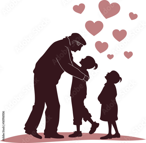 grandfather hugging grandchildren with love hearts
