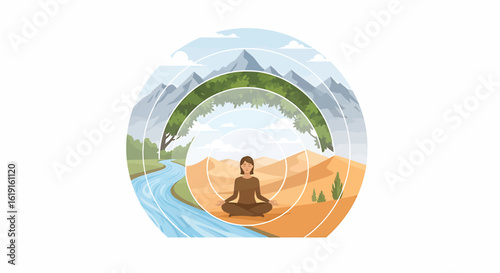 Woman in lotus pose meditating in harmony with diverse natural landscapes.