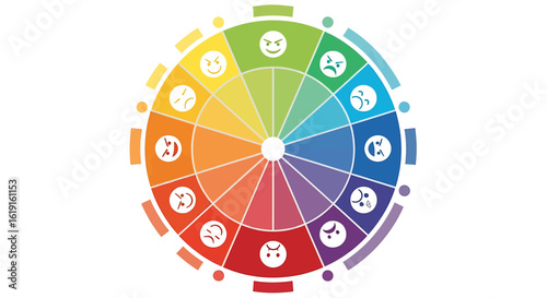 Color wheel of emotions infographic, a circular spectrum of human feelings and psychology concept.