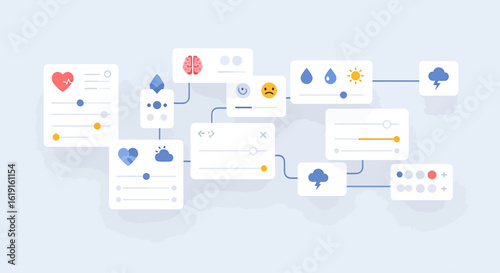 Abstract visualization of a smart system's logic and data flow using graphical interface elements
