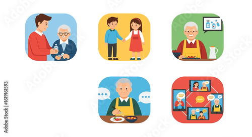 Vector icon set illustrating family support, senior lifestyle, and intergenerational connection.