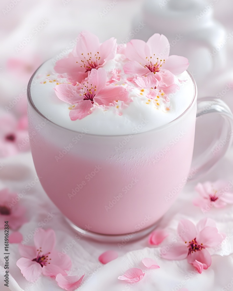 Sakura latte with cherry blossom on foam, macro focus Sakura latte with cherry blossom on foam, macro focus
