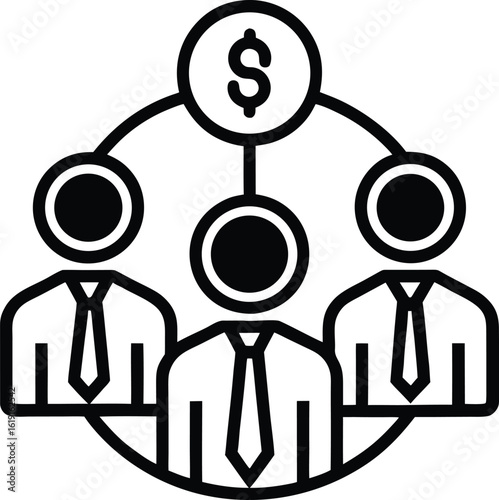 Three stylized figures in suits connected to a dollar coin icon business finance
