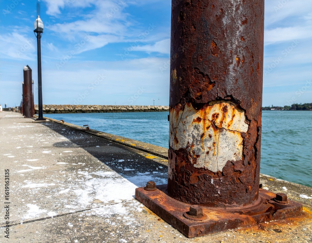 Fototapeta premium Rusty Metal Pillar on a Concrete Pier with Ocean View Under Blue Sky