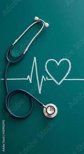 Stethoscope and Heartbeat on Green Background: Healthcare Concept