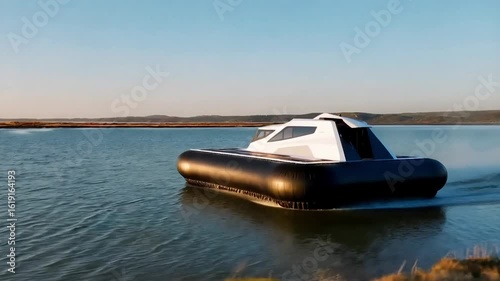 A modern hovercraft skimming over shallow coastal waters, moving smoothly across the surface with no visible crew or passengers.
