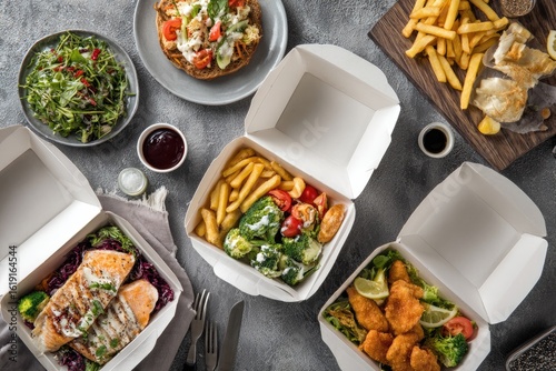Overhead shot of various takeout meals  grilled fish, fried fish, chicken tenders,  fries, salads, and veggies in white cardboard containers on a grey surface