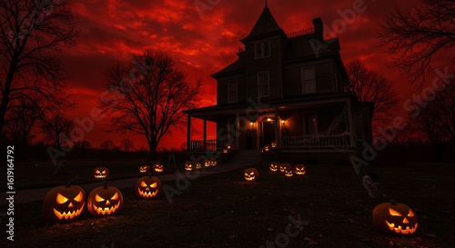 Spooky Halloween Night: Jack-o'-lanterns Illuminate Haunted Victorian House