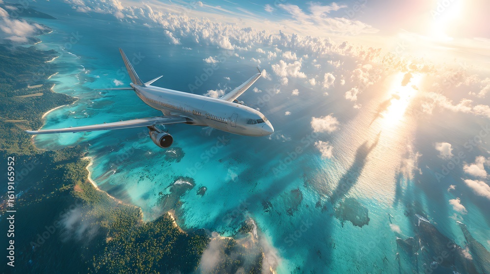 Naklejka premium Passenger jet flying over a turquoise archipelago.