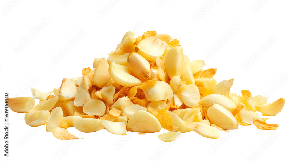 Peeled garlic cloves and chips ready for cooking, Peeled garlic cloves and chips ready for cooking,