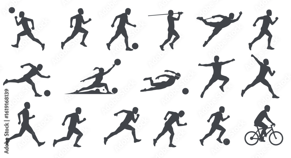 Silhouette illustrations of various sports activities like running soccer and cycling displayed Silhouette illustrations of various sports activities like running soccer and cycling displayed