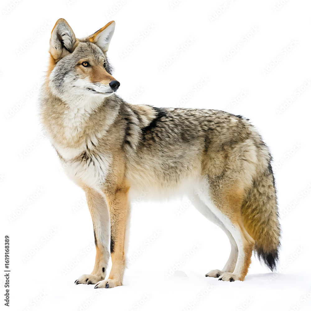 Obraz premium A full body shot of a coyote standing in the snow looking to the side with a white background behind it