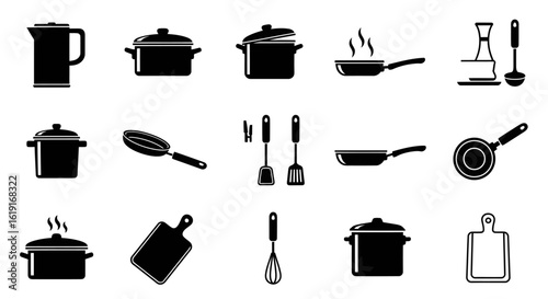 A collection of black and white kitchen utensils including pots pans and cooking accessories icons set