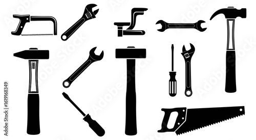 A collection of various black and white tools including hammers wrenches and saws on a white background