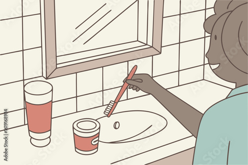 Person brushing teeth in bathroom sink.
