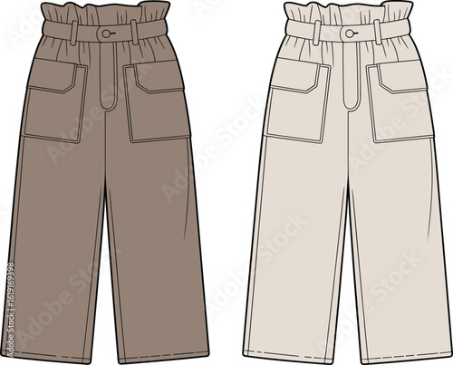 CAD drawing flat vector illustration of high waist wide leg pants, front view, with belt, patch pockets, trendy design, fashion sketch