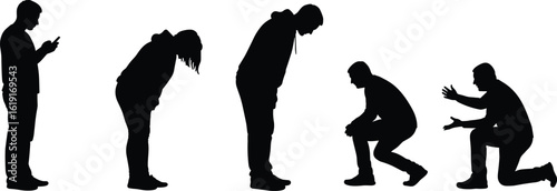 Evolution of human posture from mobile use to active engagement, silhouette progression, abstract concept, black and white cad drawing flat vector illustration