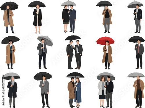 Diverse group of stylish people holding umbrellas in various poses and outfits on a white background representing different weather conditions and fashion