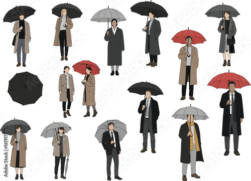 Collection of diverse stylishly dressed people holding umbrellas in various colors and styles on a white background
