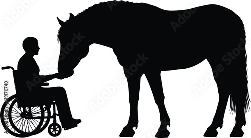 Silhouette of disabled person with horse, animal therapy, inclusion, wheelchair accessibility, equine care, cad drawing, flat vector illustration design