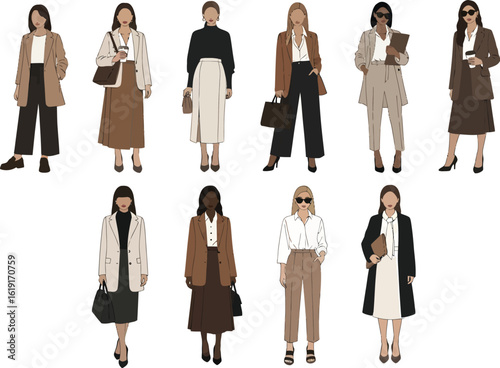 Collection of diverse women in stylish winter fashion outfits showcasing seasonal clothing and modern apparel trends