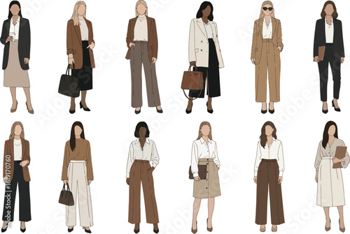 Diverse group of stylish women showcasing fashionable business attire and casual outfits in a clean illustrative flat design style