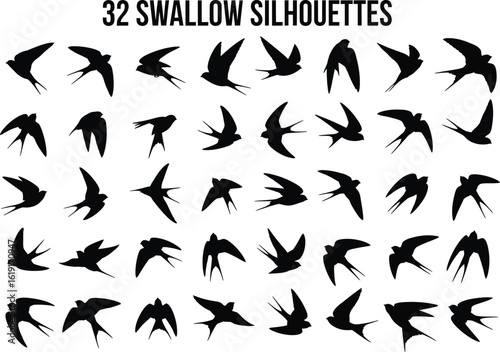 Collection of thirty two distinct black silhouettes of swallows in various flight poses and wing positions against a white background