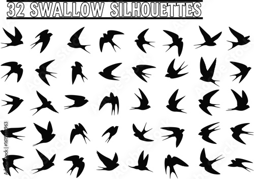 Collection of diverse black silhouettes of swallows in various flight poses against a white background