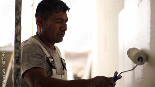 A worker paints a wall