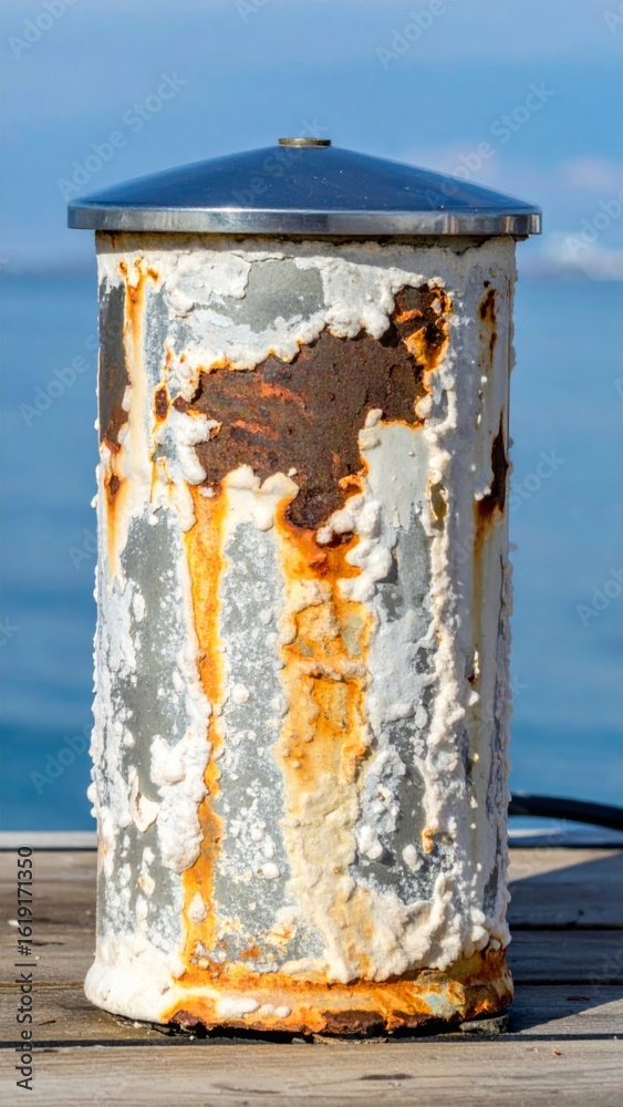 Fototapeta premium Weathered Rusty Metal Bollard with Silver Cap on a Dock at a Marina with Blue Water