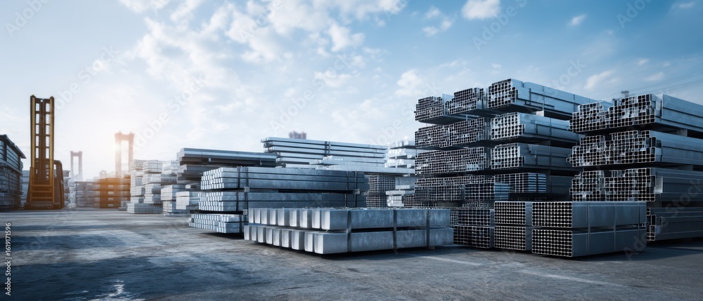 Fototapeta premium Steel Beams Stockyard: Industrial Metal Storage
