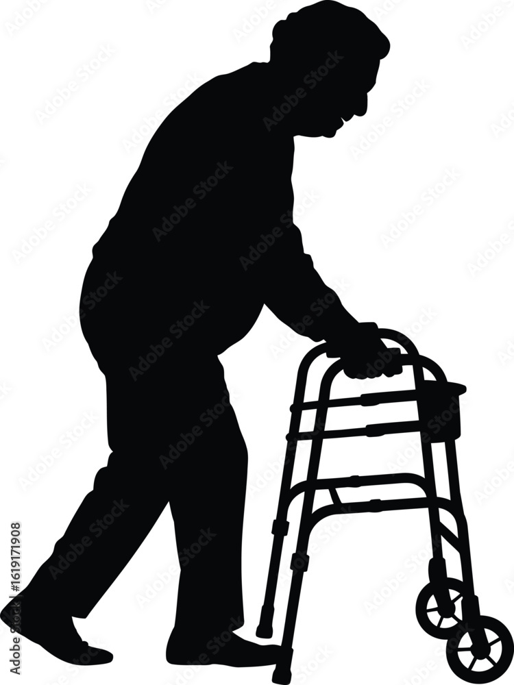 Elderly Man Using Walker Silhouette for Mobility Support on White Background Elderly Man Using Walker Silhouette for Mobility Support on White Background