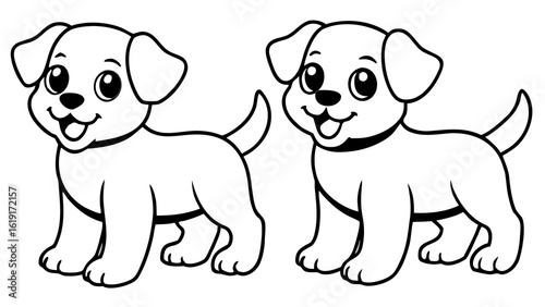 Two cartoon puppies standing side by side with happy expressions  