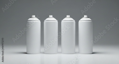 Four White Aerosol Spray Cans in a Row on Gray Background