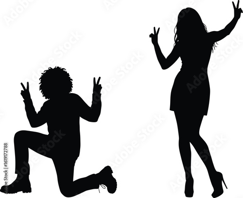 Silhouettes of people making peace sign gestures, standing and kneeling poses, fashion details, black and white cad drawing flat vector illustration