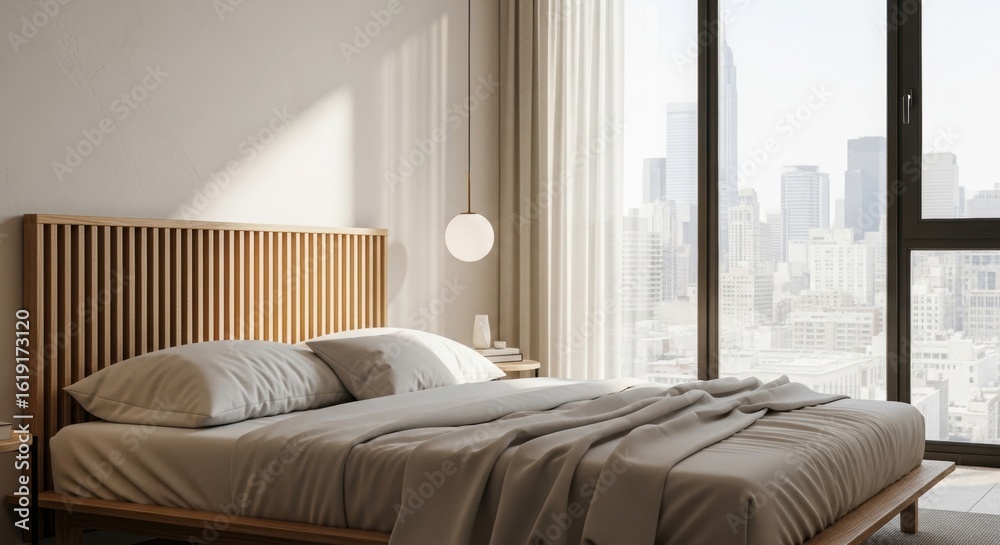 Fototapeta premium Modern bedroom with slatted wooden headboard and city skyline view.