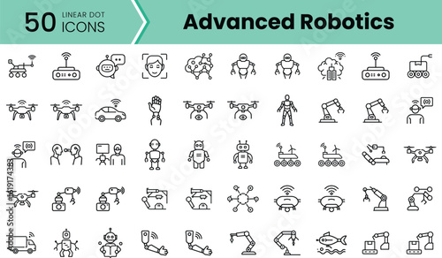 A comprehensive collection of 50 linear icons representing advanced robotics, showcasing various robotic technologies and applications in a modern design.