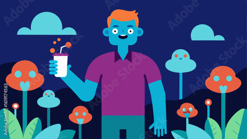 Caffeinated Chaos Design a dynamic illustration of multiple zombies wandering out of graves but one stands at the forefront confidently holding a cup of coffee. The zombie has