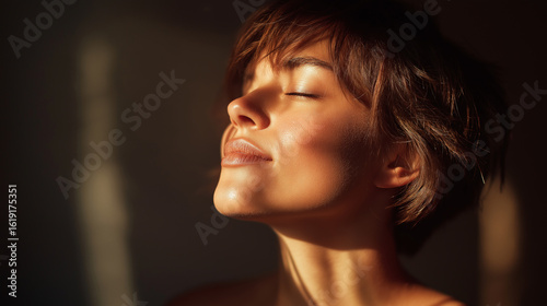 Woman portrait face sunlight closed eyes short hair peaceful skin beauty relaxation