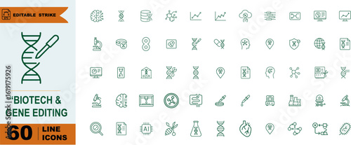Biotech & Gene Editing Icon Set – 60 Line Symbols for DNA Research, Genetic Engineering, and Scientific Innovation