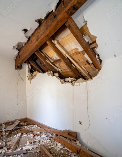 Damaged White Plaster Ceiling with Exposed Wooden Beams in Interior of a House