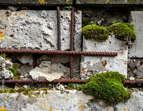 Close Up of Weathered Concrete Block Wall with Green Moss and Rusty Rebar