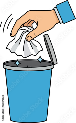 Hand throwing crumpled paper into a blue trash can with an open lid.