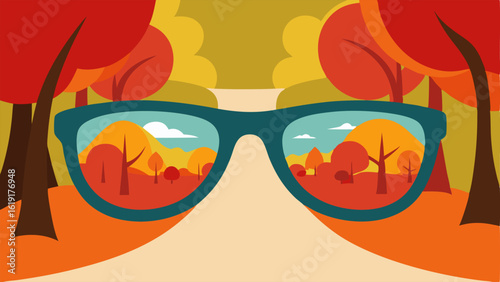 Autumn Woods A closeup of vintagestyle sunglasses reflecting a serene autumnal scene. The lenses depict a tranquil forest with trees displaying vibrant shades of orange red and