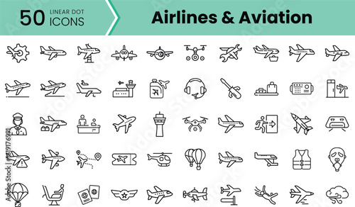 A collection of 50 linear dot icons representing various elements of the airlines and aviation industry, including planes, airports, and travel tools.